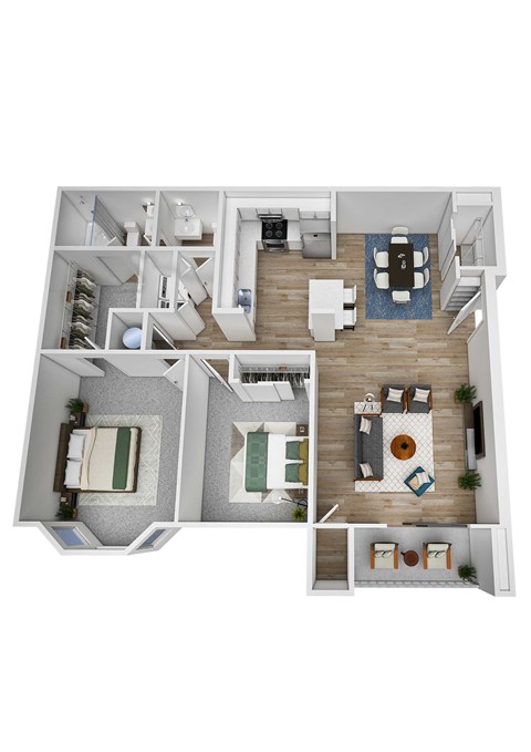 Floor plan for 2 beds, 1.5 baths, 1049 sqft